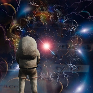 Outer Space Exploration Prints: Astronaut in surreal composition, with supernova