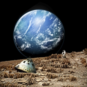 An astronaut surveys his situation on a barren and rocky moon An astronaut surveys his situation on a barren and rocky moon