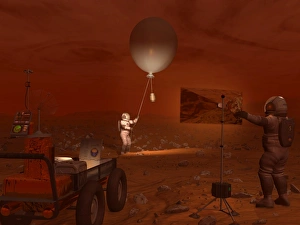 Astronauts release a weather balloon on the surface of Titan Astronauts release a weather balloon on the surface of Titan