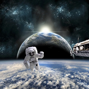 Astronauts work on a space station while the sun rises on an Earth-like planet Astronauts work on a space station while the sun rises on an Earth-like planet