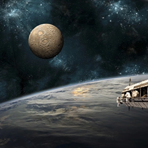Astronauts working on space station while orbiting an Earth-like planet Astronauts working on space station while orbiting an Earth-like planet