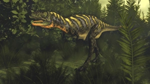 Aucasaurus dinosaur walking amongst lush foliage Aucasaurus dinosaur walking amongst lush foliage