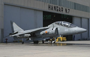 An AV-8B Harrier II of the Spanish Navy parked in front of the hangar bay An AV-8B Harrier II of the Spanish Navy parked in front of the hangar bay