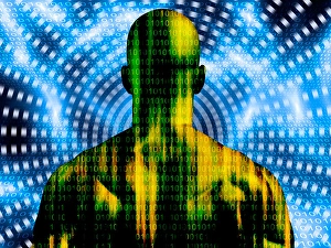 Binary Code Concept Prints: Binary code streaming and man