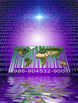 Binary Code, World Map and Barcode Print