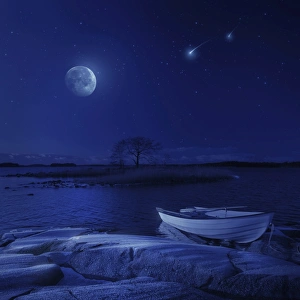 A boat moored near an icy stone in a lake against starry sky, Finland A boat moored near an icy stone in a lake against starry sky, Finland