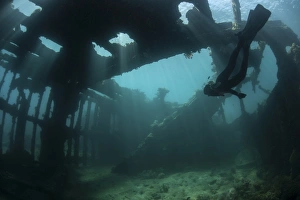 Bright sunlight pierces a shallow World War II shipwreck Bright sunlight pierces a shallow World War II shipwreck