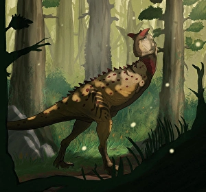 Carnivorous Dinosaur Species Prints: A Carnotaurus dinosaur in a forest