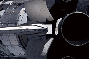 Space Travel Photography Prints: A close-up view of Space Shuttle Discoverys tail section