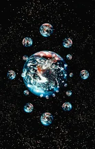 Space Exploration Illustration Prints: Computer graphic of small planets orbiting Earth