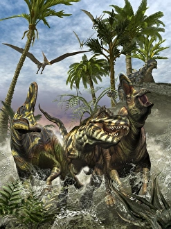 Corythosaurus being chased by a Tyrannosaurus Rex Corythosaurus being chased by a Tyrannosaurus Rex