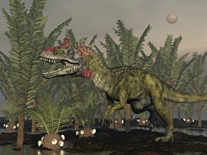 Cryolophosaurus dinosaur in prehistoric wetlands Cryolophosaurus dinosaur in prehistoric wetlands