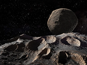 Space Art Illustration Prints: Dactyl moon hovering in the sky above asteroid Ida