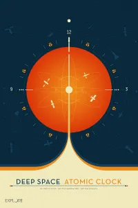 Space Science Illustration Prints: Deep Space Atomic Clock poster, orange version