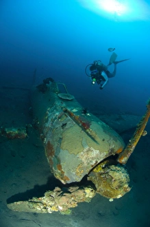 Diver explores the wreck of a Mitsubishi Zero fighter plane Diver explores the wreck of a Mitsubishi Zero fighter plane