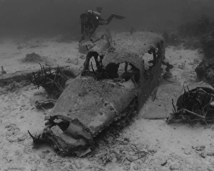Diver exploring the wreck of a sunken plane in Eleuthera, Bahamas Diver exploring the wreck of a sunken plane in Eleuthera, Bahamas