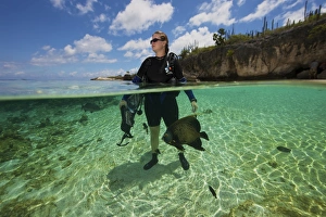 A diver looks out to sea while a French Angelfish swims around her A diver looks out to sea while a French Angelfish swims around her