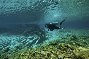 Diver swims through the shallow reef towards shore Diver swims through the shallow reef towards shore