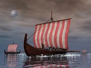 Drekar Viking ships navigating the ocean at night Drekar Viking ships navigating the ocean at night