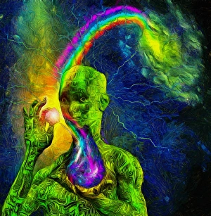 Circuit Board Design Prints: Droid holds elements of life. Rainbow