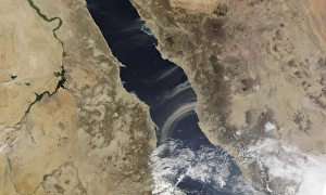 Dust plumes blow off the coast of Saudi Arabia and over the Red Sea Dust plumes blow off the coast of Saudi Arabia and over the Red Sea