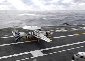 An E-2C Hawkeye conducts a touch-and-go landing aboard USS Dwight D. Eisenhower An E-2C Hawkeye conducts a touch-and-go landing aboard USS Dwight D. Eisenhower