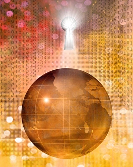 Electronic Data Protection Prints: Earth, binary code and key hole