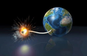 Earth globe with a fuse lighted up as a time bomb Earth globe with a fuse lighted up as a time bomb