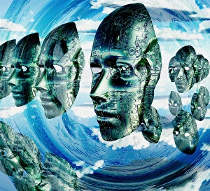 Artificial Intelligence Technology Prints: Electronic Faces hovers. 3D rendering