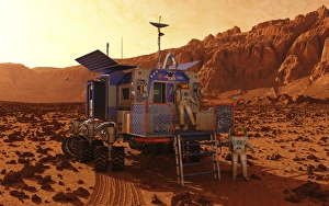 An explorer departs a manned rover ina martian canyon An explorer departs a manned rover ina martian canyon