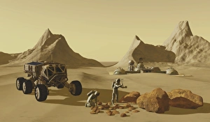 Two explorers collect rock samples to take back to their Mars habitat Two explorers collect rock samples to take back to their Mars habitat