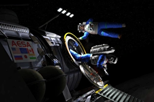 Explorers in space suits exit an Asteroid Lander Explorers in space suits exit an Asteroid Lander
