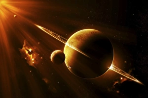 An extraterrestrial spacecraft approaches a world that lies between two bright suns An extraterrestrial spacecraft approaches a world that lies between two bright suns