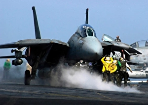 Aircraft Carrier Flight Deck Prints: An F-14D Tomcat prepares to launch