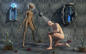 A female reptoid standing over a male humanoid A female reptoid standing over a male humanoid