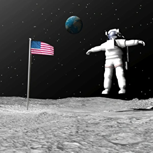 First astronaut on the moon floating next to American flag First astronaut on the moon floating next to American flag