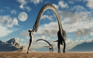 The first man, Adam, greeting Omeisaurus sauropod dinosaurs The first man, Adam, greeting Omeisaurus sauropod dinosaurs