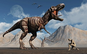 The first man, Adam, kneels down before the famous T-Rex dinosaur The first man, Adam, kneels down before the famous T-Rex dinosaur