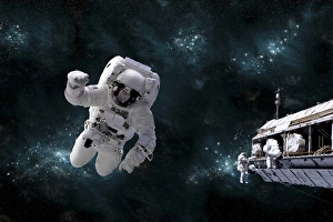 A galactic scene showing astronauts working on space station A galactic scene showing astronauts working on space station