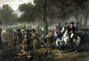 George Washington on horseback leading troops at the Battle of the Monongahela