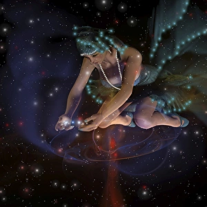 A ghostly female spirit spreads stars and planets throughout the universe A ghostly female spirit spreads stars and planets throughout the universe