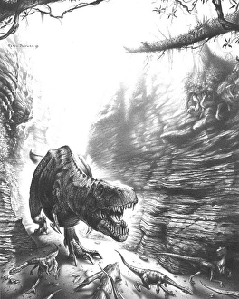 Prehistoric Predator Prints: Graphite drawing of Tarbosaurus chasing it's prey