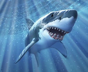 A Great White Shark with sunrays just below the surface A Great White Shark with sunrays just below the surface