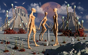 A group of alien reptoid beings find a small alien rocketship A group of alien reptoid beings find a small alien rocketship