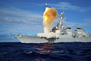 Guided missile destroyer USS Hopper launches a RIM-161 Standard Missile Guided missile destroyer USS Hopper launches a RIM-161 Standard Missile