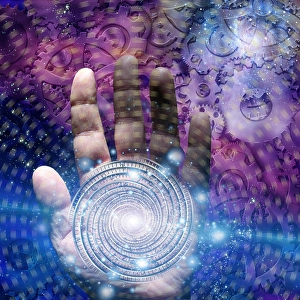 Abstract Spiral Design Prints: Hand with time vortex and gears