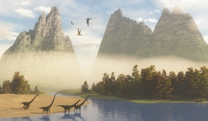 A herd of Mamenchisaurus dinosaurs grazing along a river A herd of Mamenchisaurus dinosaurs grazing along a river