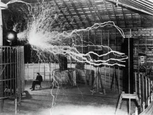 Nikola Tesla Prints: Nikola Tesla's Lab - High Voltage Electricity Print