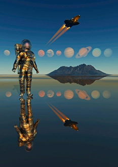 Solar System Planets Prints: A human astronaut exploring our solar system of planets