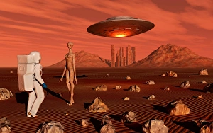 A human astronaut making contact with a reptoid alien on the surface of Mars A human astronaut making contact with a reptoid alien on the surface of Mars